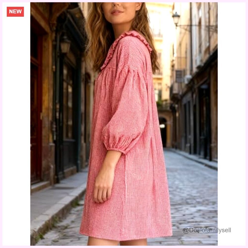 Babydoll Mini Dress with Puff Sleeves and Doll Collar, Loose Fit - Picture 2 of 6